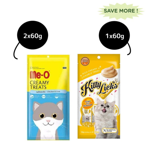 Me-O Creamy Chicken & Liver and Kitty Licks Tuna Scallop Cat Treats Combo Me-O Creamy Chicken & Liver and Kitty Licks Tuna Scallop Cat Treats Combo