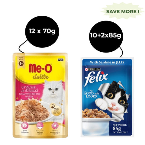 Me-O Delite Tuna with Bonito in Jelly and Purina Felix Sardine with Jelly Adult Cat Wet Food Combo (12+12) Me-O Delite Tuna with Bonito in Jelly and Purina Felix Sardine with Jelly Adult Cat Wet Food Combo (12+12)