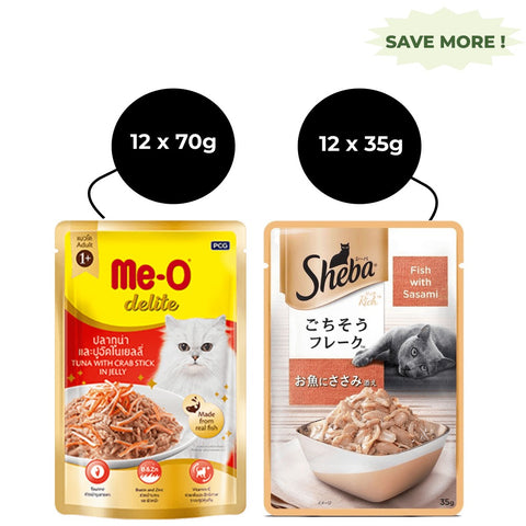 Me-O Delite Tuna with Crab Sticks in Jelly and Sheba Fish with Sasami Premium Cat Wet Food Combo Me-O Delite Tuna with Crab Sticks in Jelly and Sheba Fish with Sasami Premium Cat Wet Food Combo
