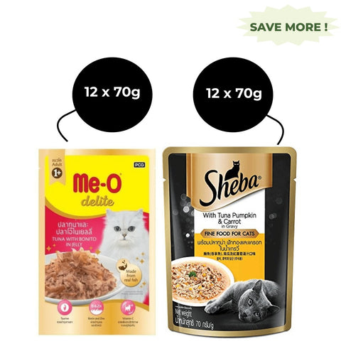 Me-O Delite Tuna with Bonito in Jelly and Sheba Tuna Pumpkin & Carrot In Gravy Rich Premium Adult Fine Cat Wet Food Combo Me-O Delite Tuna with Bonito in Jelly and Sheba Tuna Pumpkin & Carrot In Gravy Rich Premium Adult Fine Cat Wet Food Combo